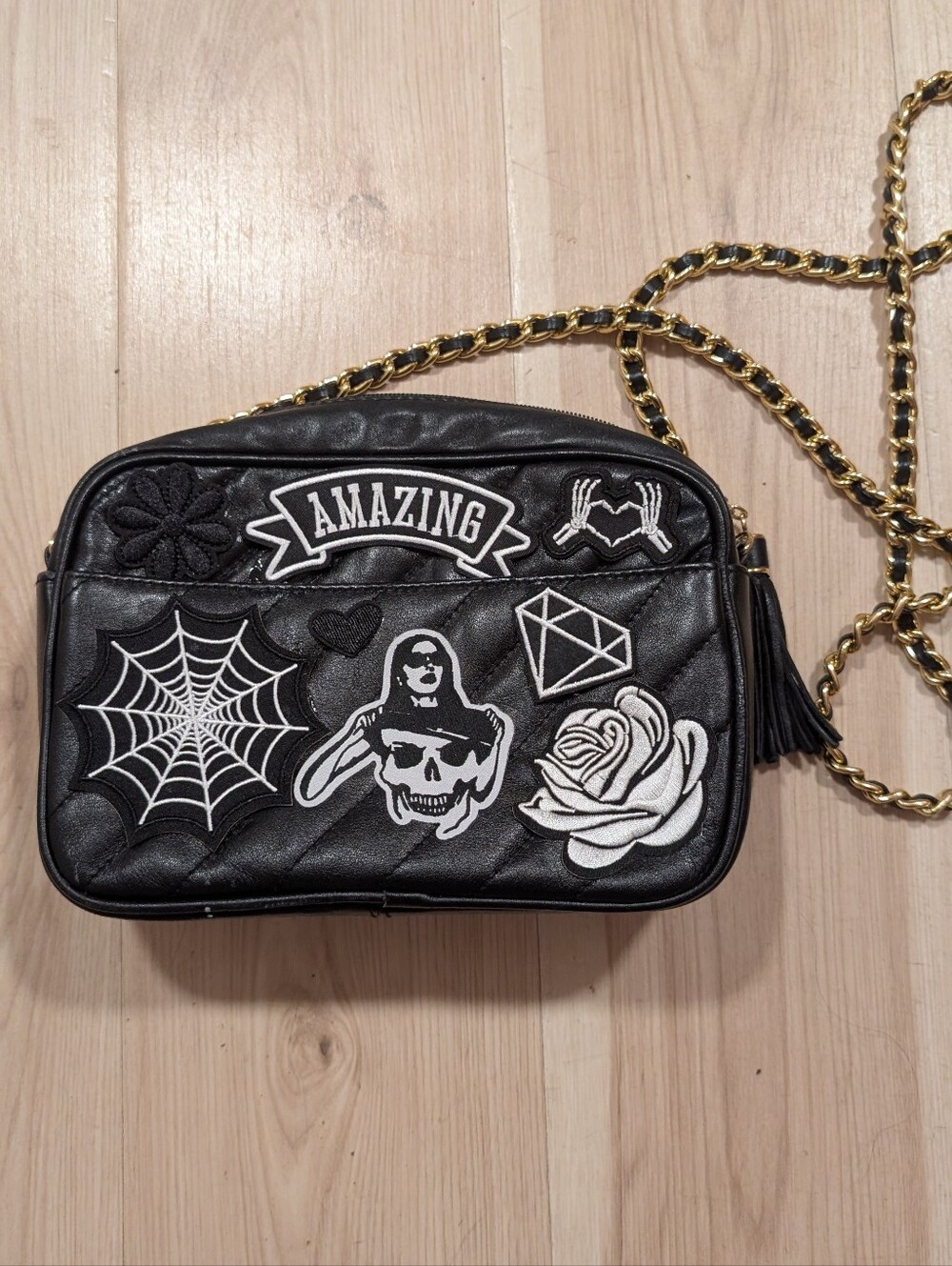 Black Patchwork Embroidered Crossbody Bag with Gold Chain Strap